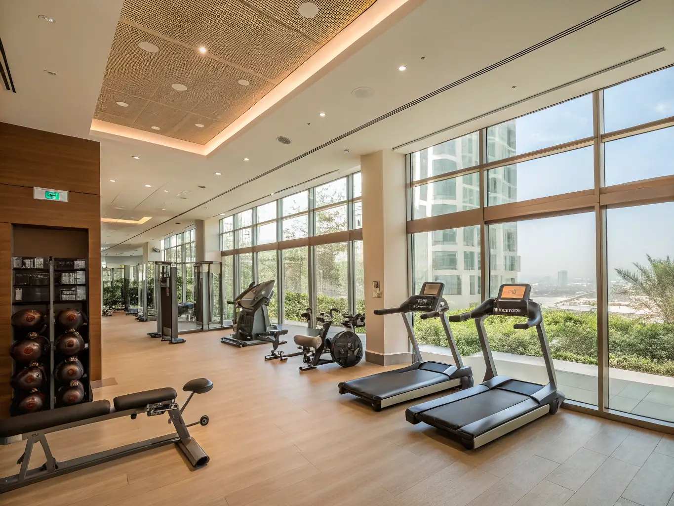 A bright and spacious interior of Brooke Fitness Studio, featuring a variety of modern fitness equipment, weights, and cardio machines, ready for members to use.