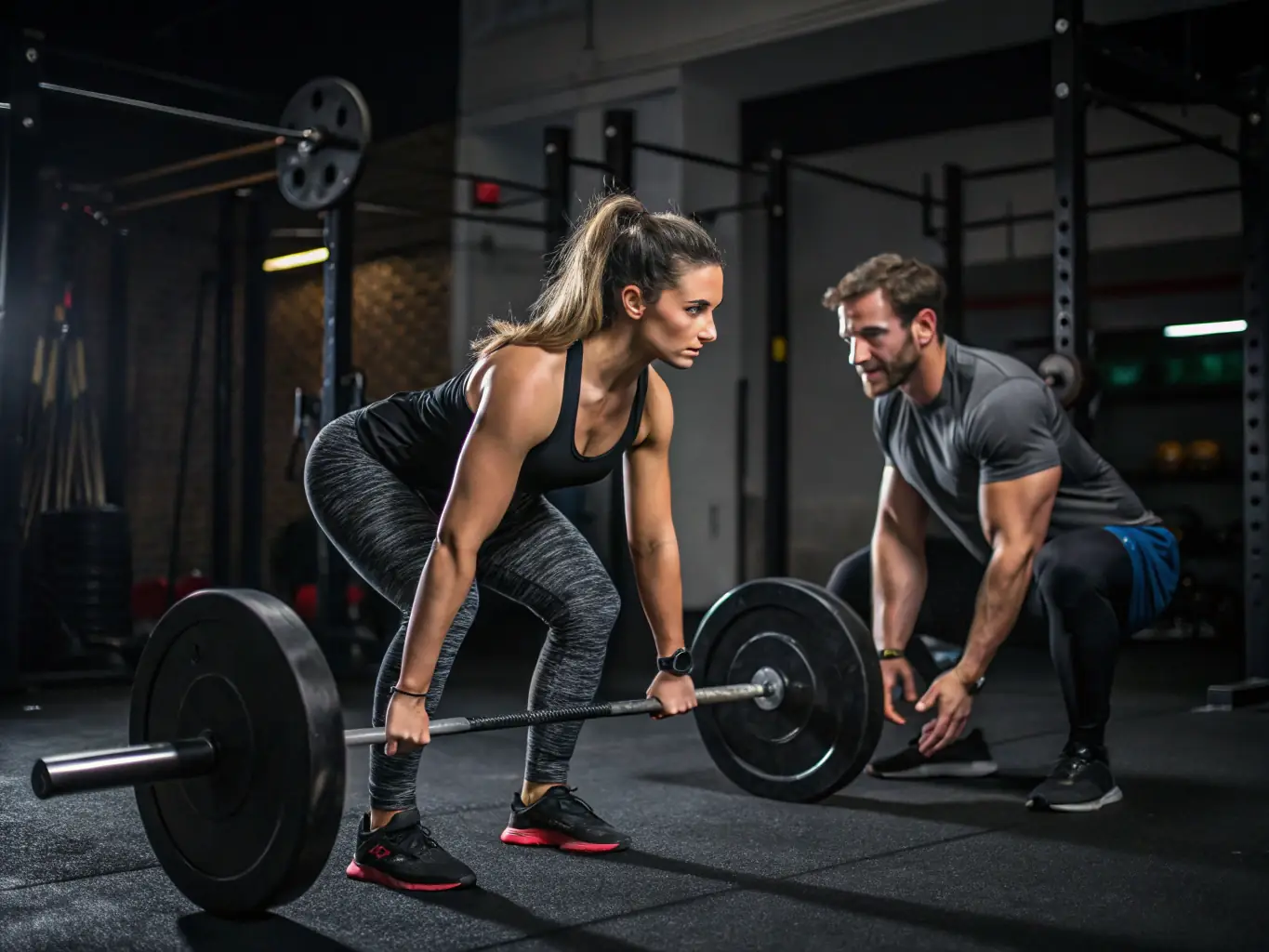 A personal trainer closely monitoring and assisting a client performing a deadlift with perfect form in Brooke Fitness Studio, showcasing personalized attention and expert guidance.