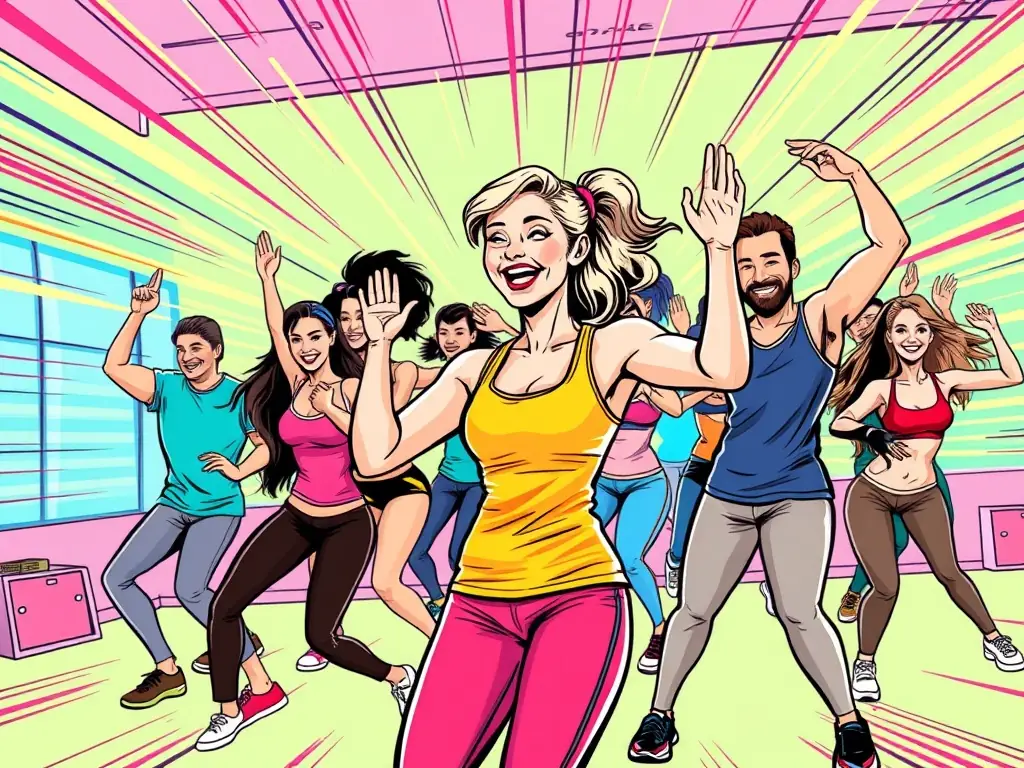 A diverse group of people participating in a group fitness class at Brooke Fitness Studio, led by an enthusiastic instructor, demonstrating the community aspect and variety of workout options.